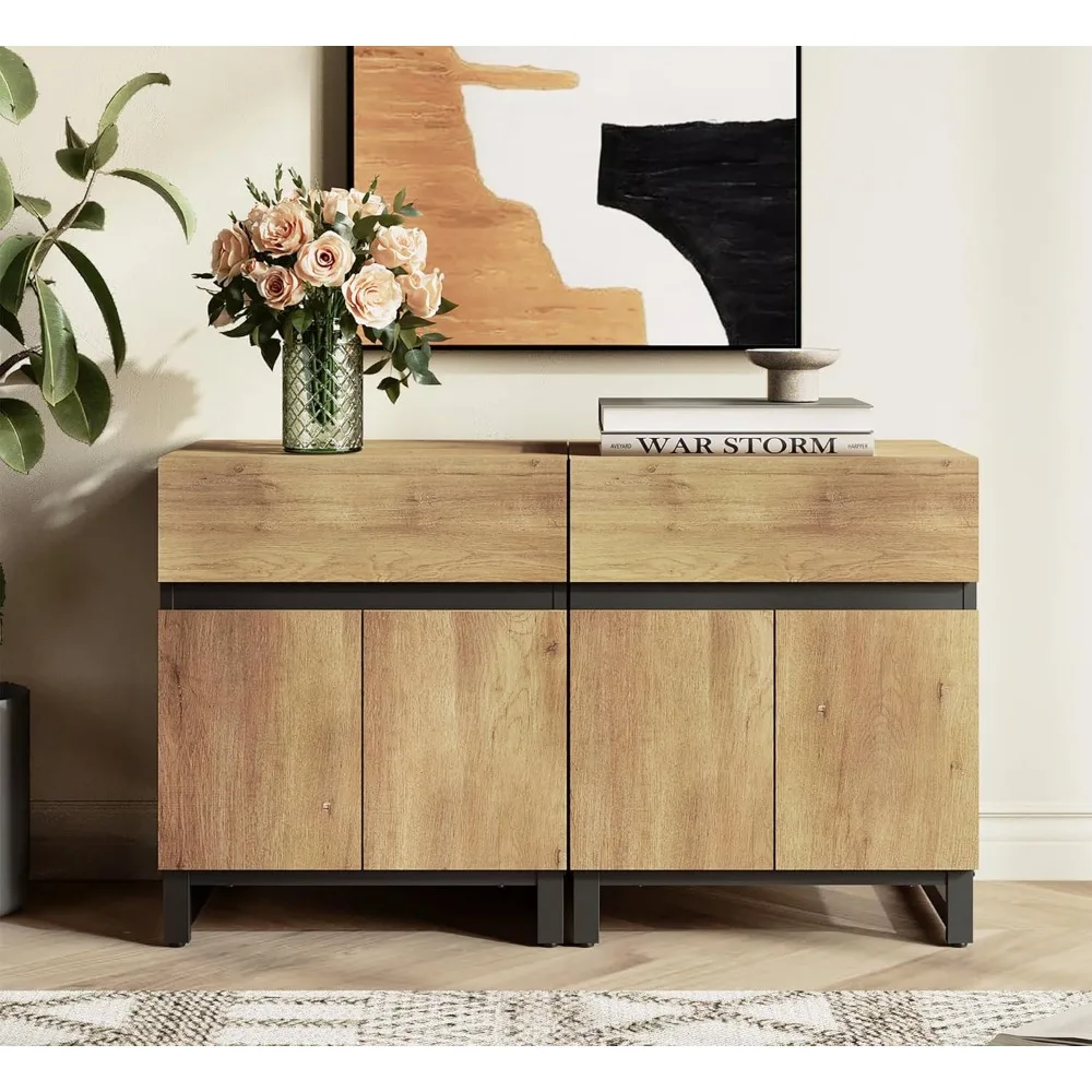 

2 Pack Modern End Table with 1 Drawer & 1 Storage Cabinet, Farmhouse Sofa Table with 2 Open Door, Wood Rustic Side End Ta