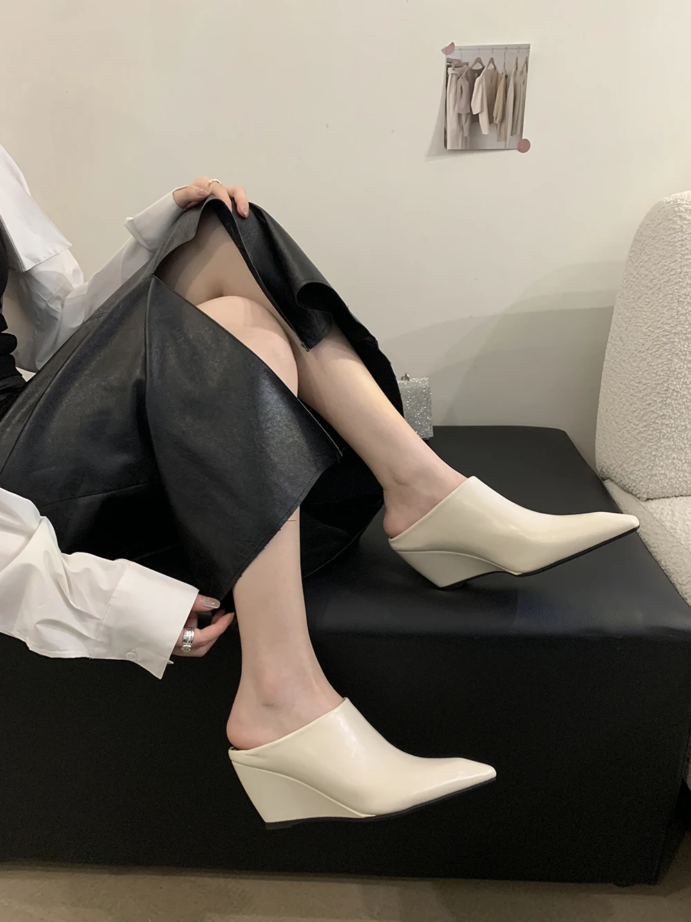 Pointed Toe Women Slides Slippers Fashion Outside Party Pumps Wedding Wedge High Heels Black Beige Brown Size 35-39 Sexy Slip On