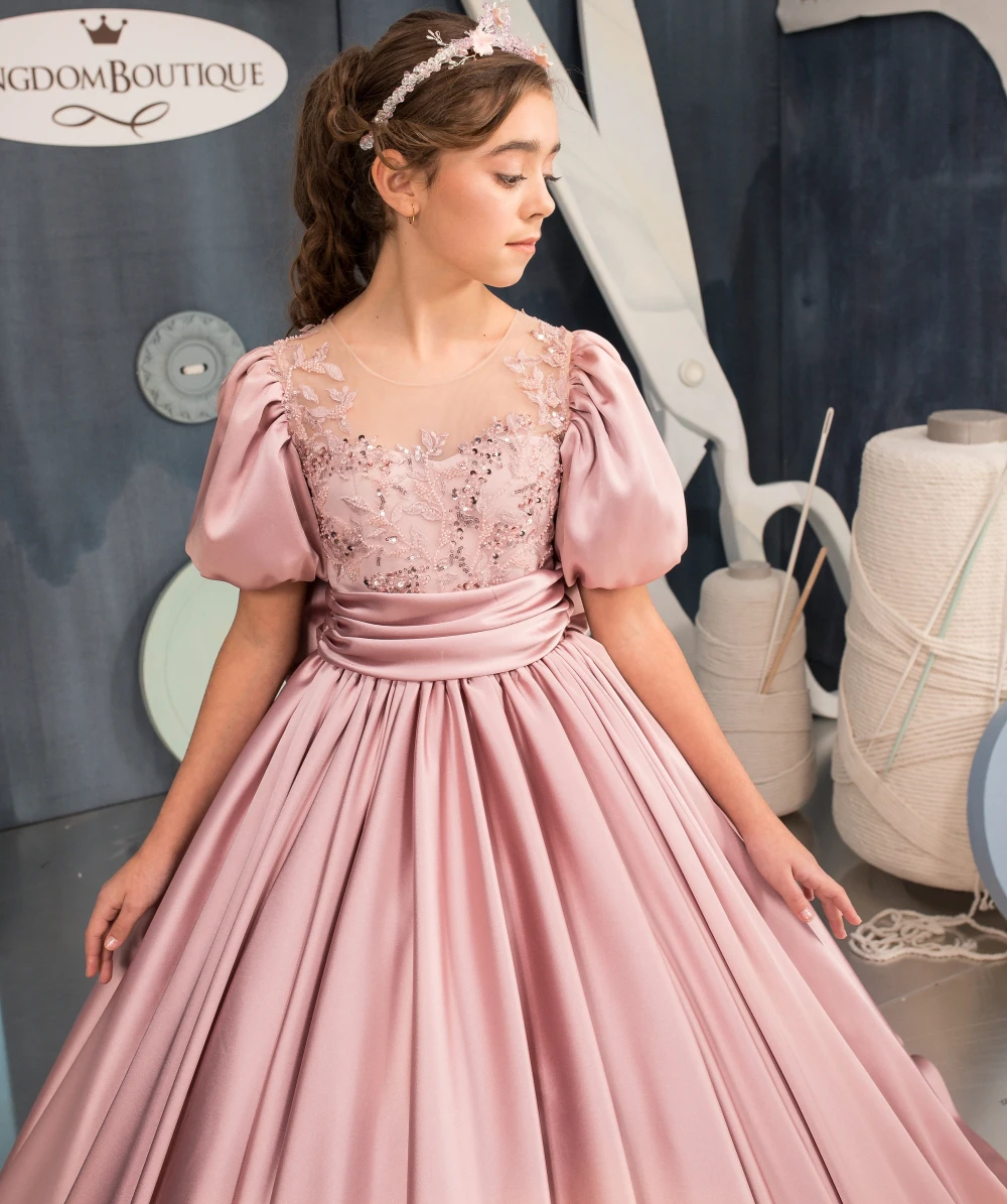 Customized Wedding Girl Dress Sparkly Lace Appqulies Blush Pink Gowns Short Sleeve Flower Kid Ball Gown Juior Bridesmaid YFD014