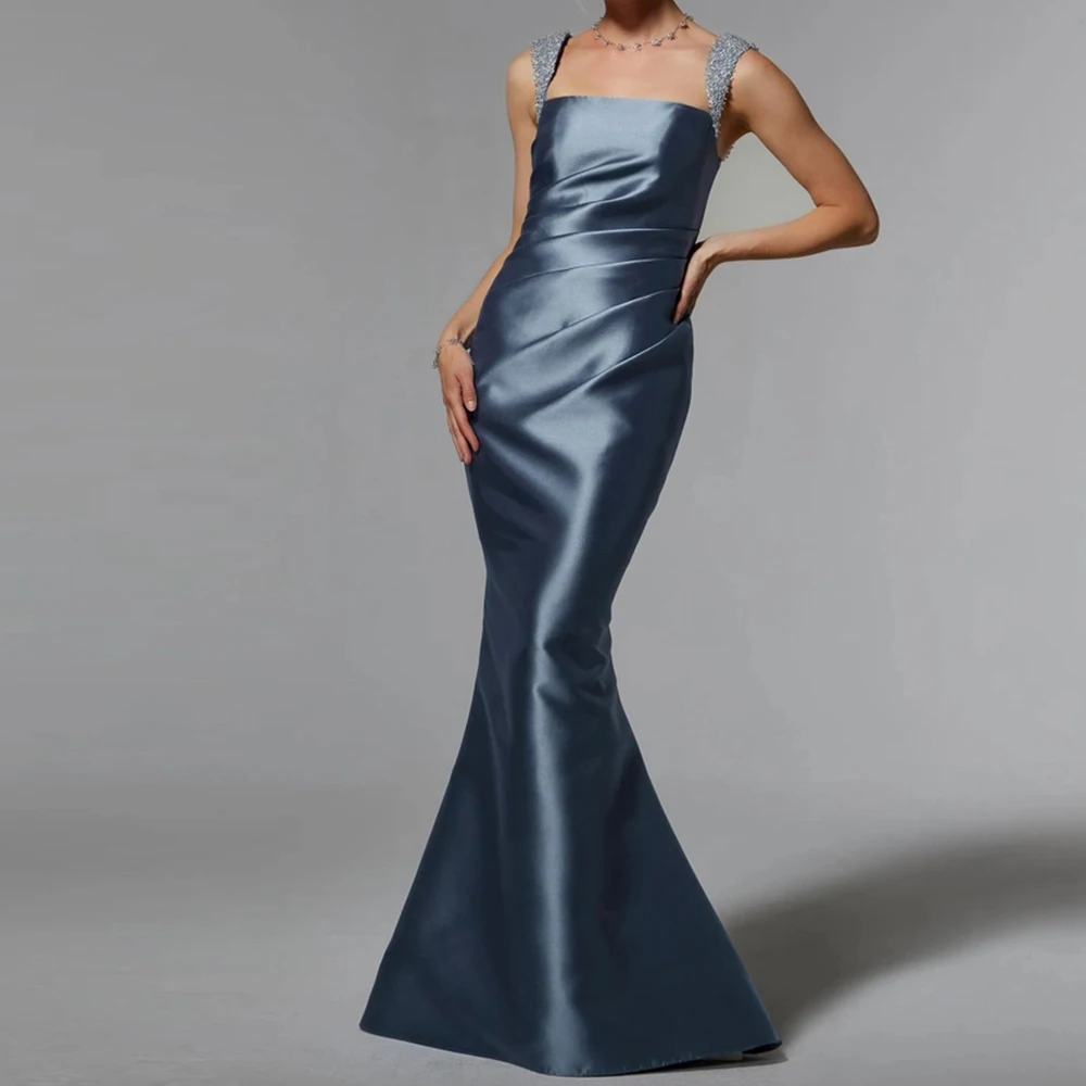 CustomizedStrapless Satin Spaghetti Straps Mermaid Floor Length Backless Sweep Train Crystal Zipper Back Elegant Luxury Evening