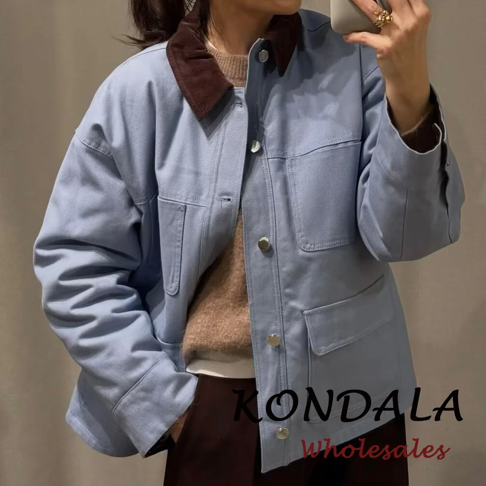 KONDALA Vintage Streetwear Blaue Jacken mit Umlegekragen für Damen Schicke Mode 2026 Frühling High Street Chic Moderne Coole Oberbekleidung
