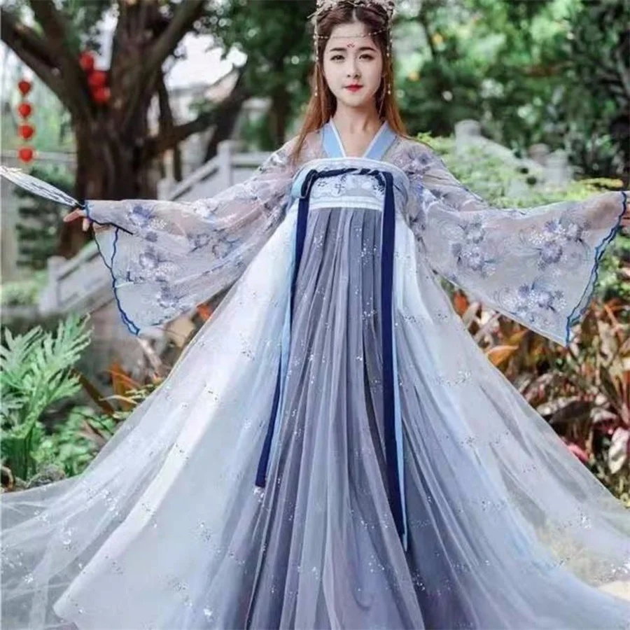 Gaun Hanfu wanita gaun Cosplay peri tradisional Cina gaun dansa Hanfu kuno bintang merah muda & biru gradien