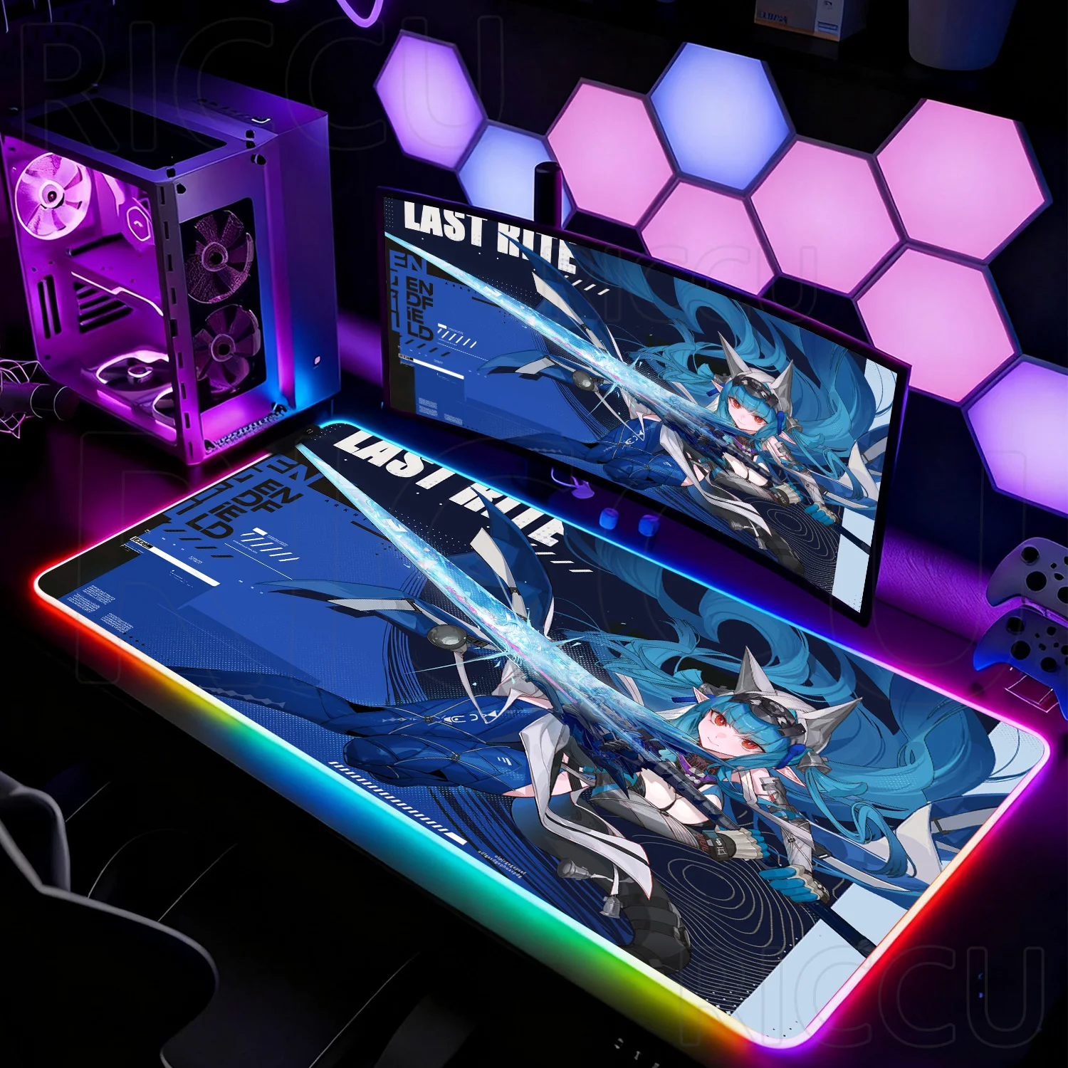 

Коврик для мыши с LED-подсветкой и HD-печатью в стиле аниме, Arknights Endfield Last Rite, большой игровой коврик из резины для ПК, RGB-подсветка, настольный коврик для компьютера