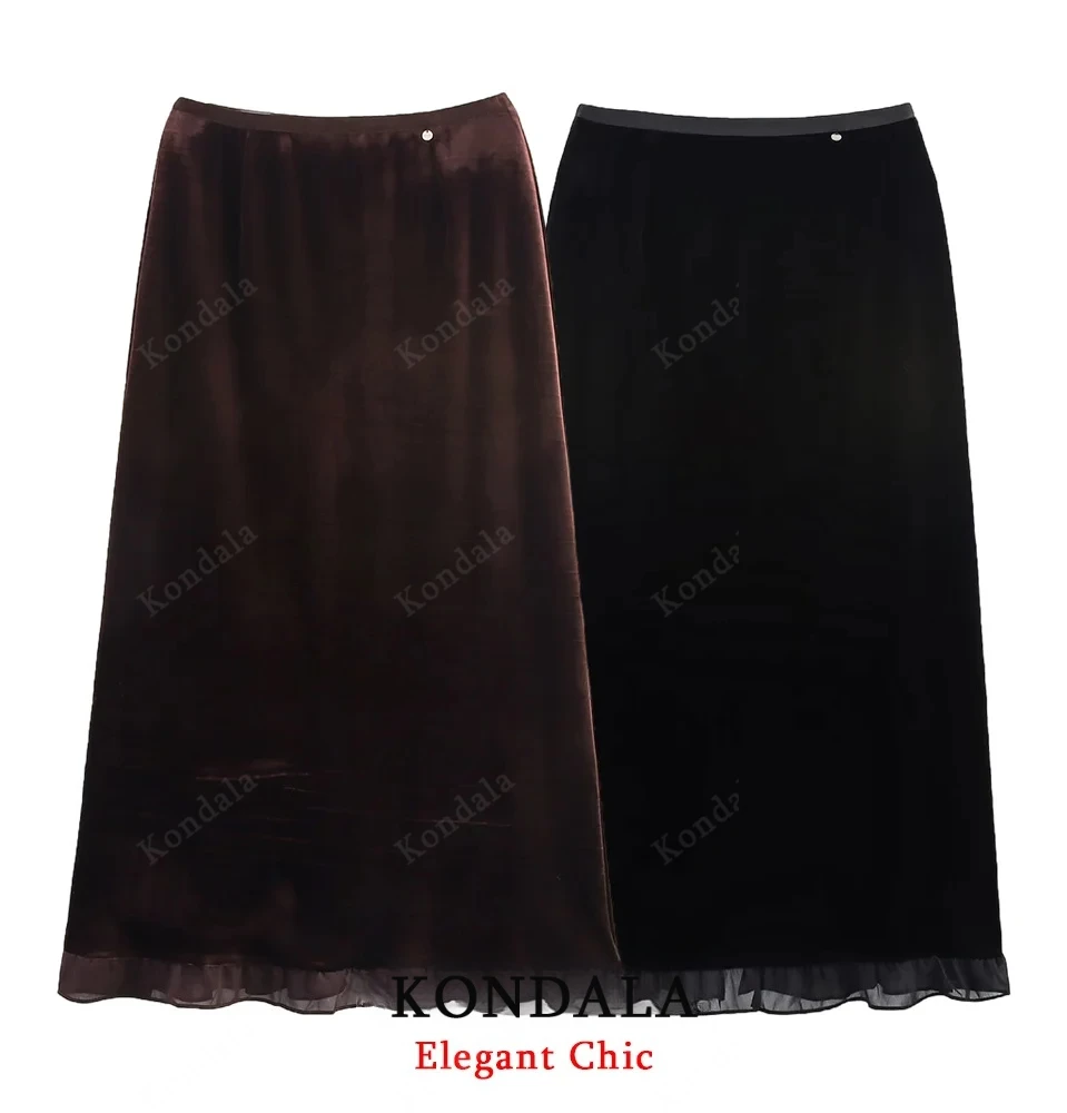 กระโปรงกำมะหยี่ผู้หญิง KONDALA ดีไซน์หรูหรา เอวยางยืด ชายกระโปรงระบาย กระโปรงยาวปานกลาง แฟชั่นฤดูใบไม้ร่วง-ฤดูหนาว 2025 สไตล์ลำลอง โรแมนติก
