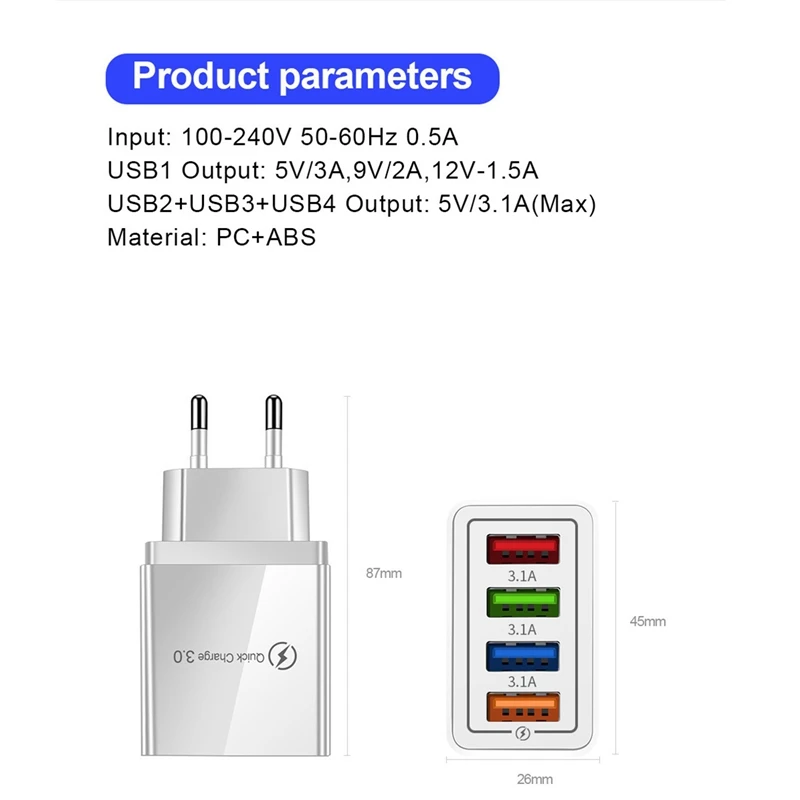 4 cargador USB adaptador de carga rápida 3,0 cargador móvil de pared portátil para Iphone 12 Pro Max Samsung Huawei enchufe de la UE