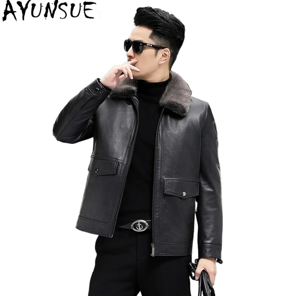 

AYUNSUE куртка из 100% натуральной коровьей кожи, мужская зимняя съемная подкладка из норкового меха, короткое белое пальто на гусином пуху, куртки из натуральной кожи