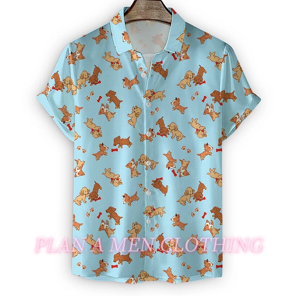 Hawaiian Men Shirt Corgi Pet Dog Print Loose Oversized Shirts Mens Blouses High-Quality Mens Clothing Beach Party Sweatshirts