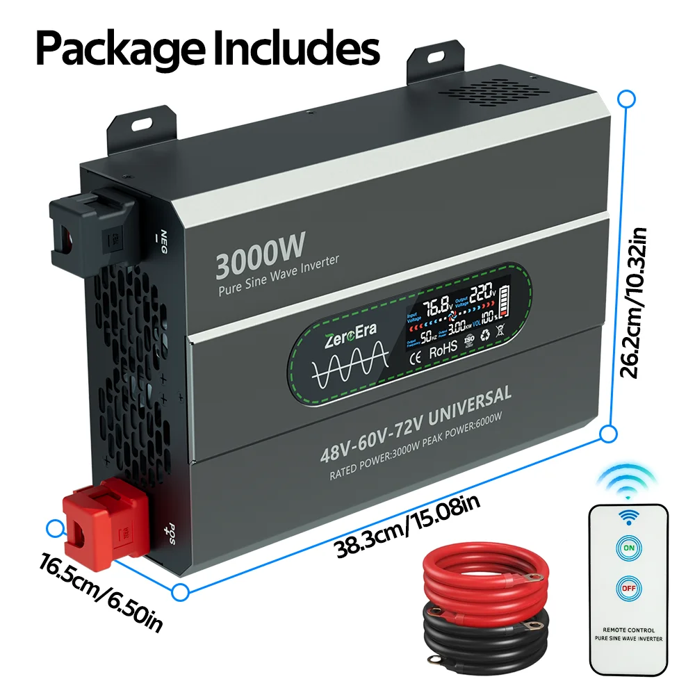 ZeroEra 48V/60V/72V Reiner Sinus-Wechselrichter 3000W Ausgangsleistung zu AC 230V 50Hz mit EU-Steckdosen, Fernbedienung, LCD-Bildschirm für Wohnmobil, LKW, Camper, Reisen, Zuhause, EU-Lagerbestand – Detail 12