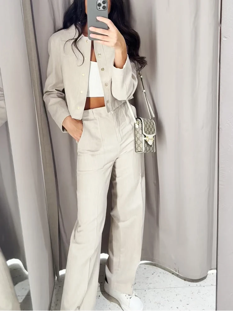 여름 여성 슬림 패션 싱글 버튼 라펠 재킷+엘라스틱 웨이스트 포켓 지퍼 팬츠 솔리드 라인 투피스 세트