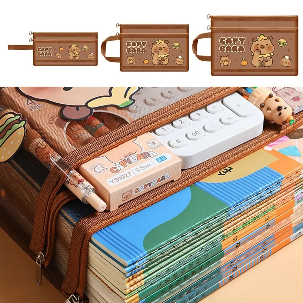 جديد شبكة كابيبارا حقيبة A4/A5/A6 بني داكن حقيبة ملفات سعة كبيرة طبقة مزدوجة منظم قرطاسية الطلاب #4