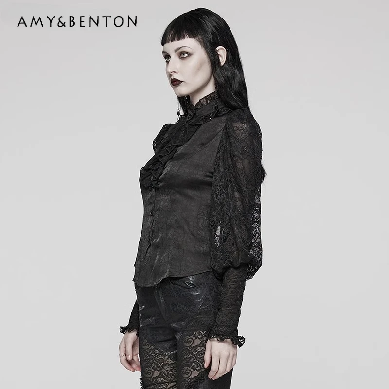 Original Goth Dark Retro Court Style Lace Gorgeous Shirt Subculture Stand-up Collar Ruffle Edge Lantern Sleeve Slim Shirt Women