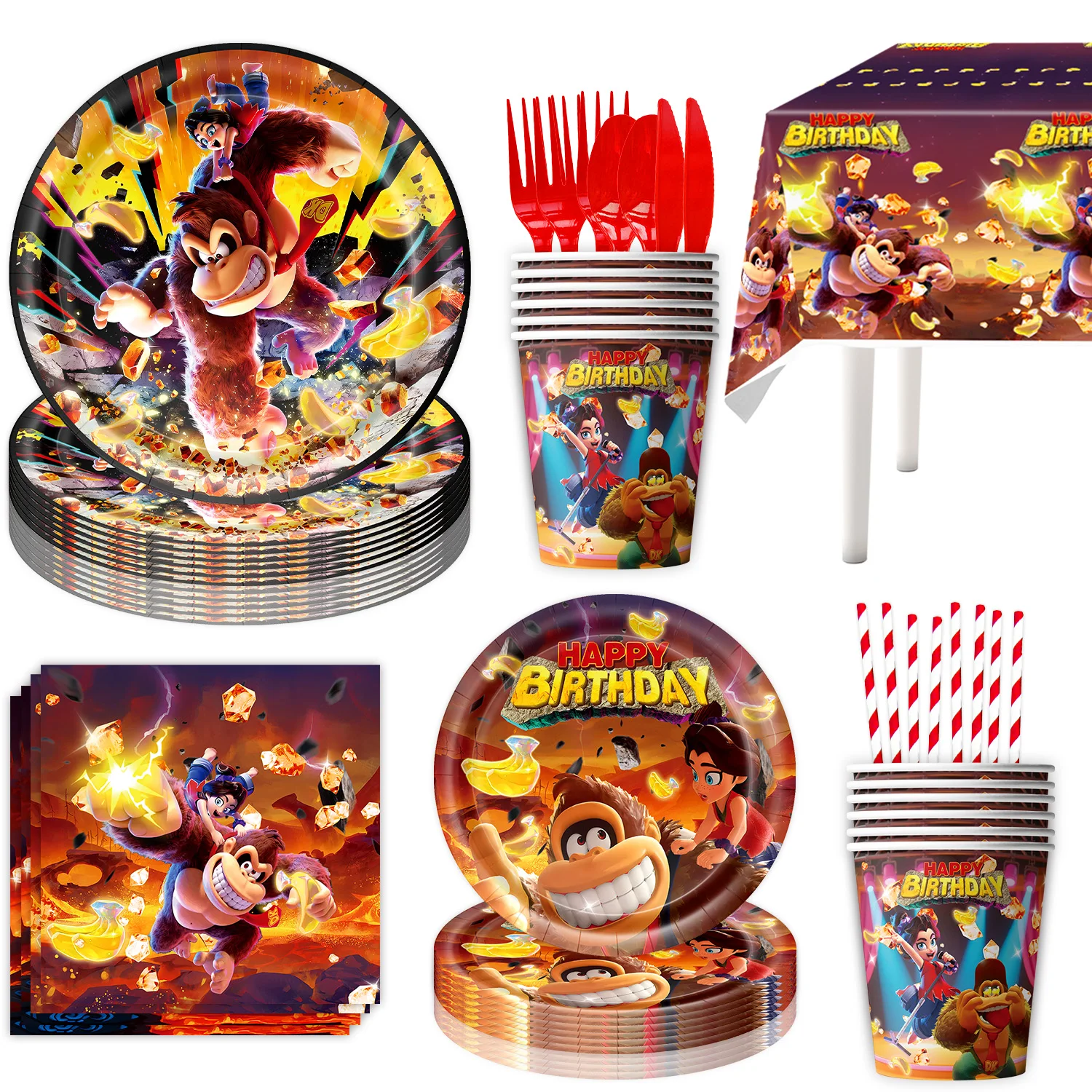 

Cartoon Game Theme Donkey Kong Birthday Party Supplies Disposable Tableware Set Paper Cup Plate for Party Decoration Baby Shower