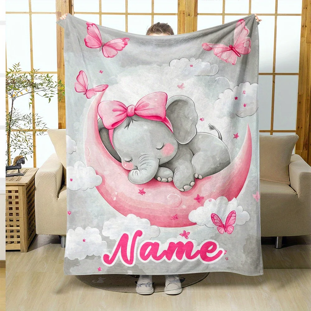 1pc Cute Elephant on the Moon Personalized Print Portable Blanket - Suitable for Sofa Bed, Travel Camping, Living Room, Office