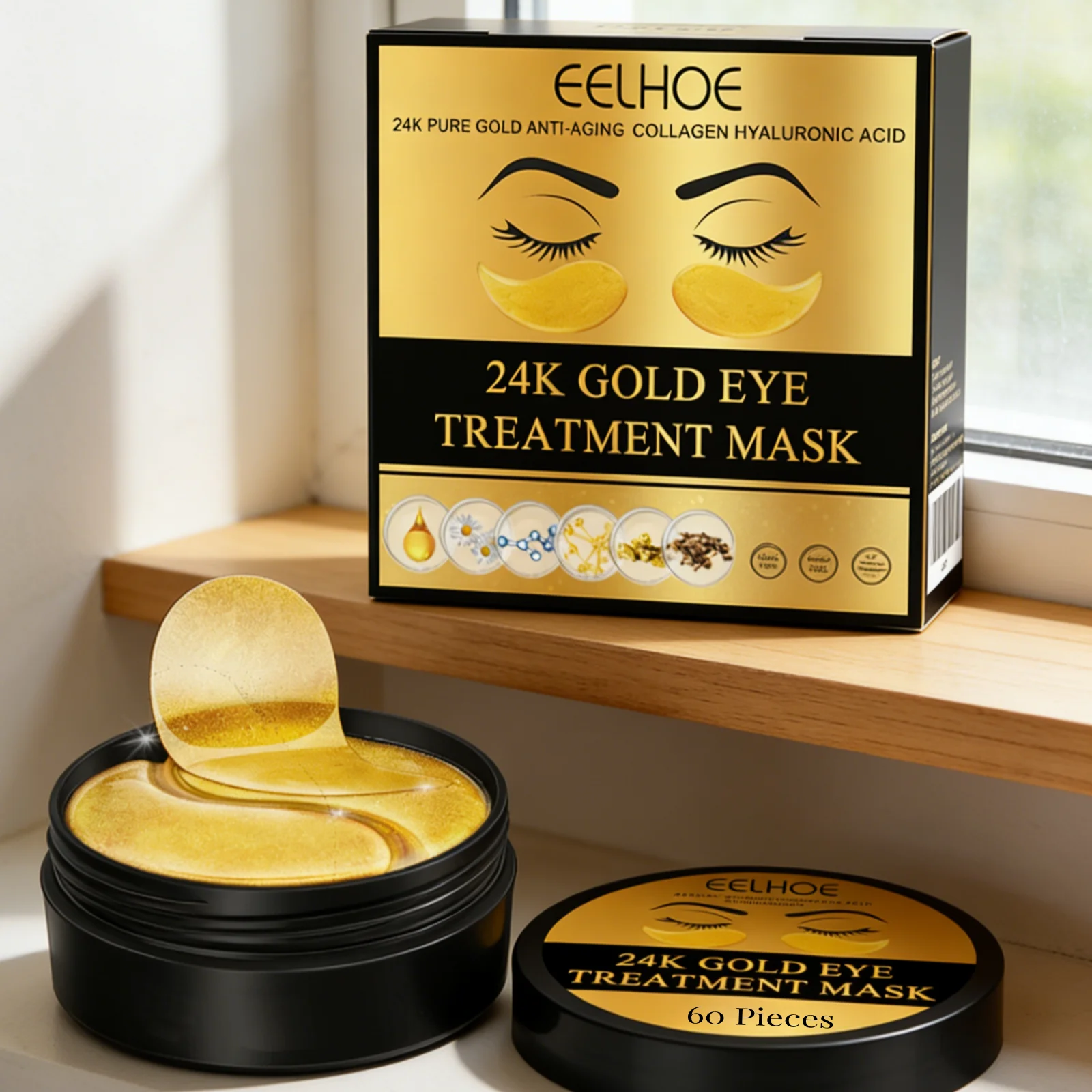 Mascarilla de Tratamiento para Ojos con Oro 24k EELHOE, Colágeno, Ácido Hialurónico, Antiarrugas, Reduce las Ojeras, Cuidado Diario de la Piel, Parches para Debajo de los Ojos