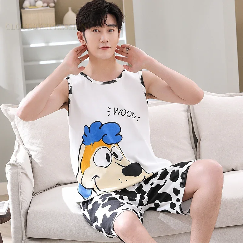 Summer Cartoon Dog Knitted Cotton Mens Pajama Sets Men's Sleep&Lounge Sleeveless Polka Dots Pants Male Pajamas Fashion Homewear