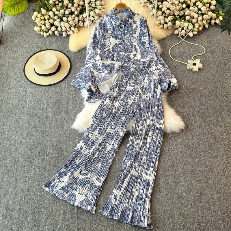 Fashion Women 2-piece Sets Lantern Sleeve Printed Shirt Top + High Waist Casual Wide Leg Pants Two-piece Set Female Clothes 2024