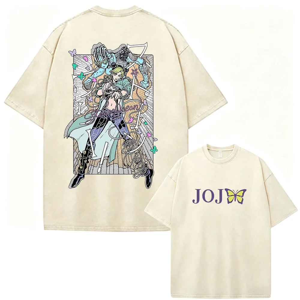 Anime JoJo Bizarre Adventure Stone Ocean Kujo Jolyne Vintage Washed T Shirt Men's Women Clothing Casual Short Sleeves T-shirts