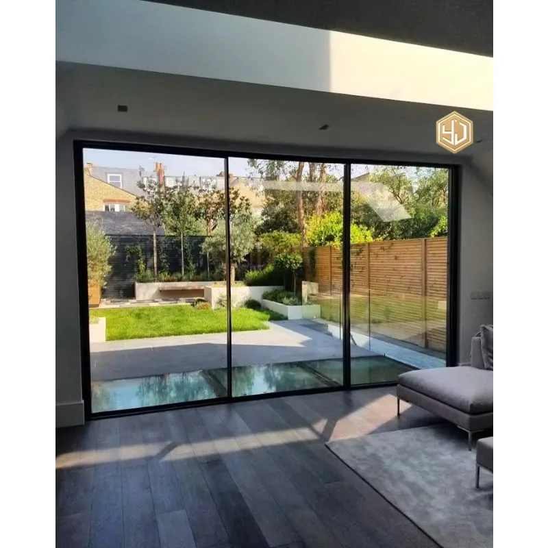 Interior Synchronized 3 Panel Aluminum Alloy Sliding Telescopic Linkage System Slim Frame Soft Close Double Glazed Glass
