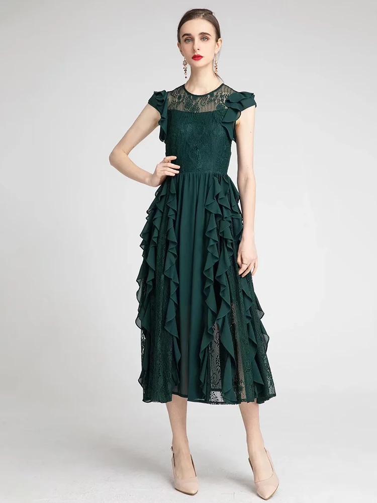 

Svoryxiu 2022 Runway Designer Summer Party Green lace Long Dress Women's Sexy Backless Cascading Ruffle Tank Dresses Vestdios