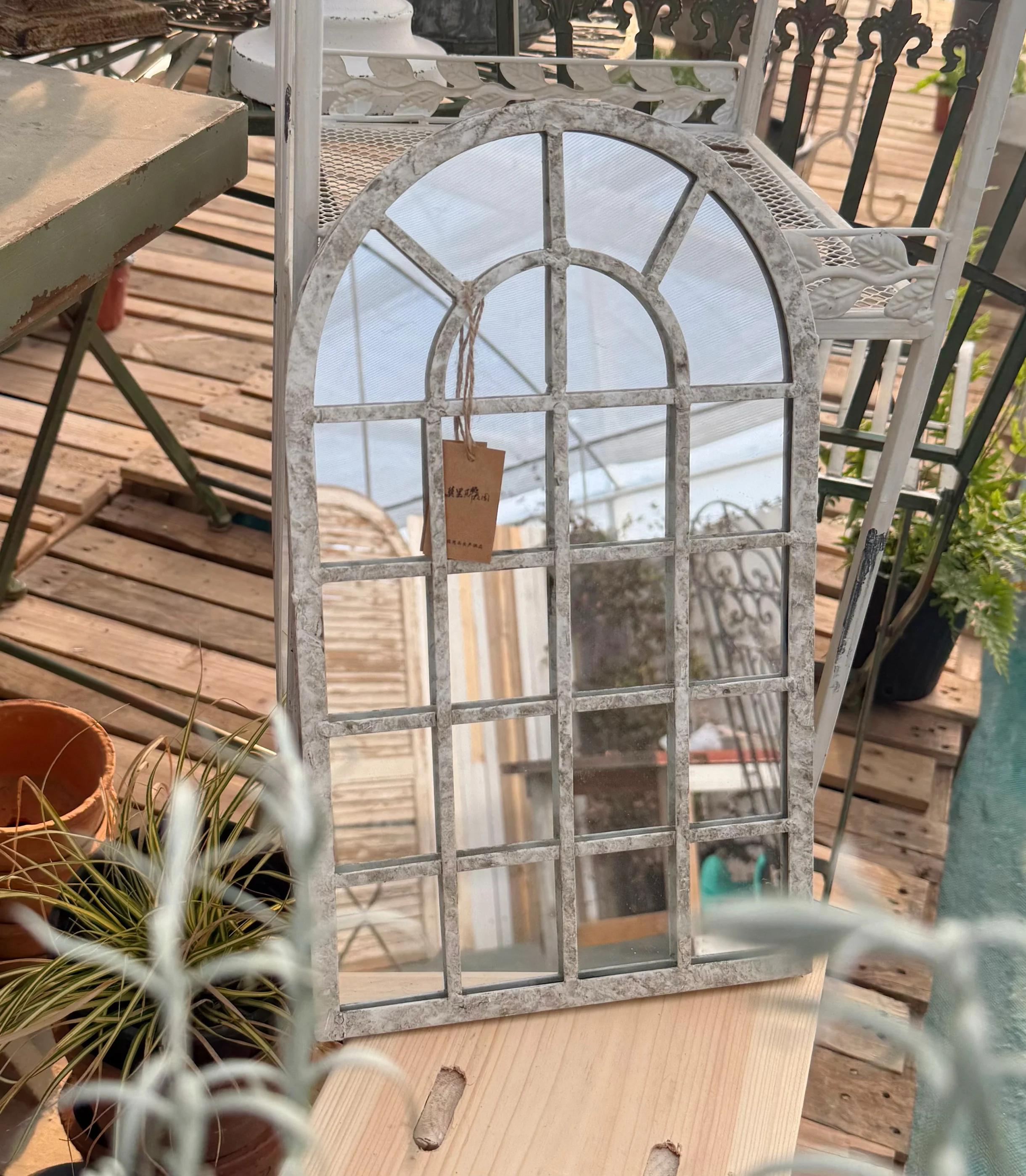 

Vintage Arched Window Mirror, Distressed Gray Metal Frame, Wall Mount, 15.7x9.4 Inches