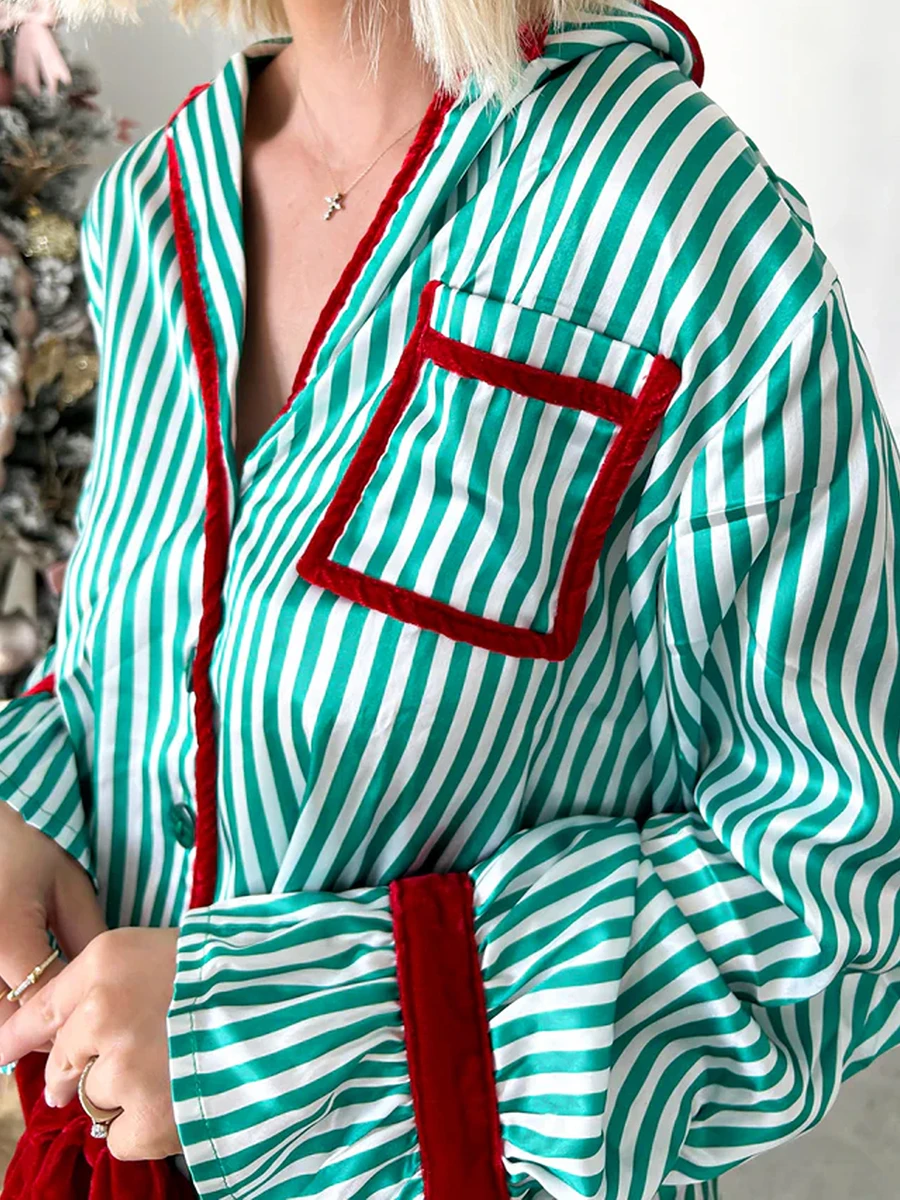 Womens Striped Pajama Set Long Sleeve Button-up Crop Tops Bow Long Pants 2 Piece Sleepwear Outfit