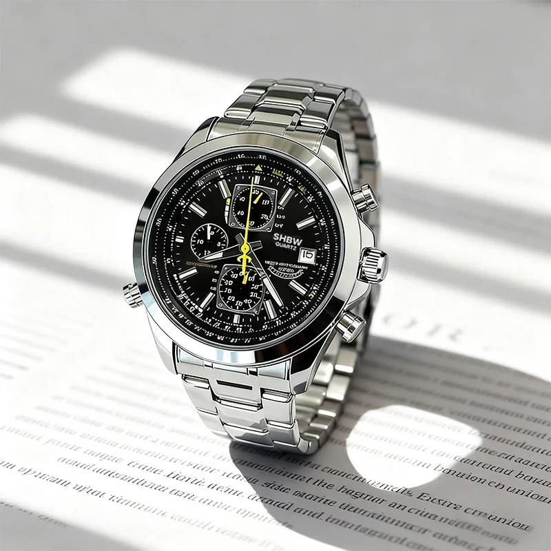 Jam Tangan Pria Quartz SHBW Populer, Mewah, Trendi, Bercahaya, Kalender, Tahan Air, Multifungsi, Kronograf, Kulit, Otomatis