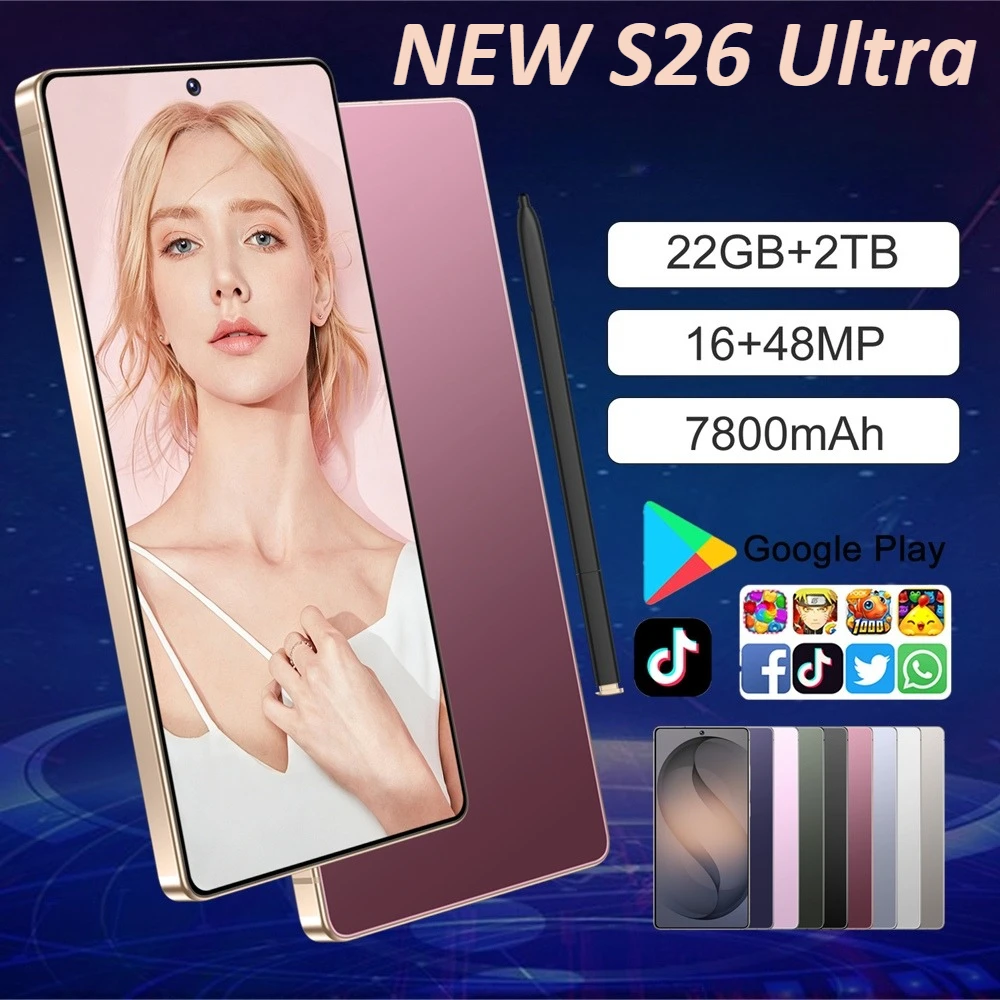 Nuevo Teléfono Inteligente S26 Ultra 7.3HD Original, Teléfonos Móviles Baratos 4G 5G Doble SIM Doble Modo de Espera, Batería de 7800mAh, Android 15, WIFI, GPS, Versión Global
