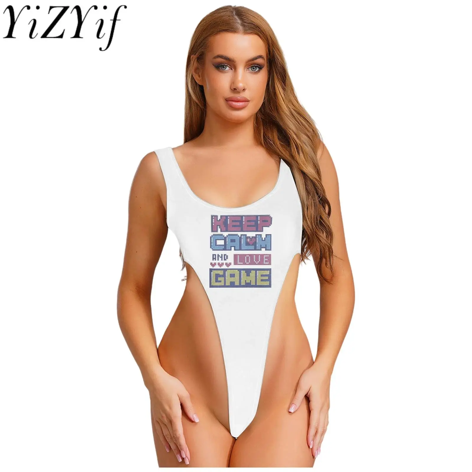 

Adult Women Sexy High-cutting T-back Thongs Bodysuits Letter Print Lingerie Teddies for Couple's Tempting Nightwear Pajamas