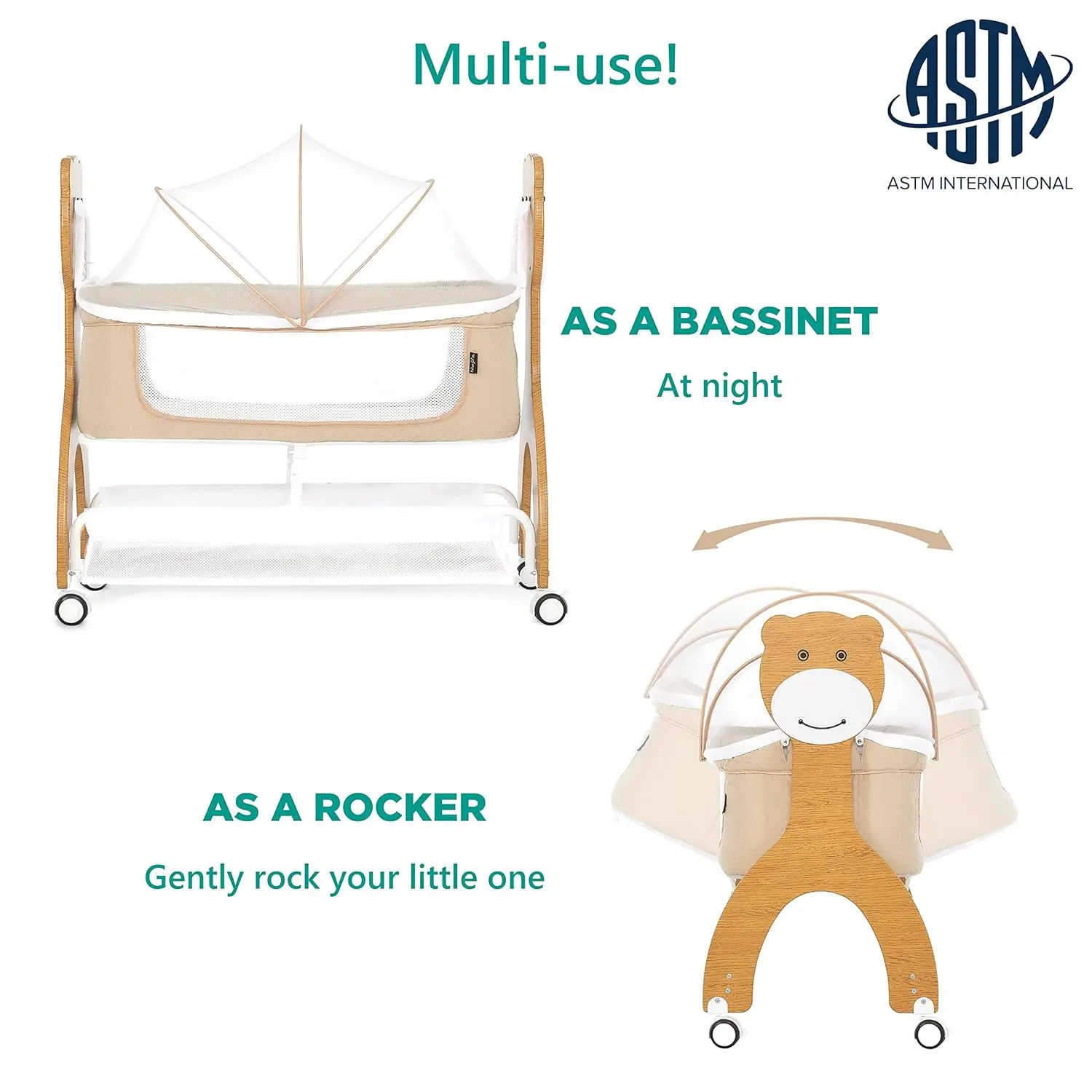 Cub Portable Bassinet , Multi-Use Baby Bassinet with Locking Wheels, Large Storage Basket, Mattress Pad Included, JPMA Certified