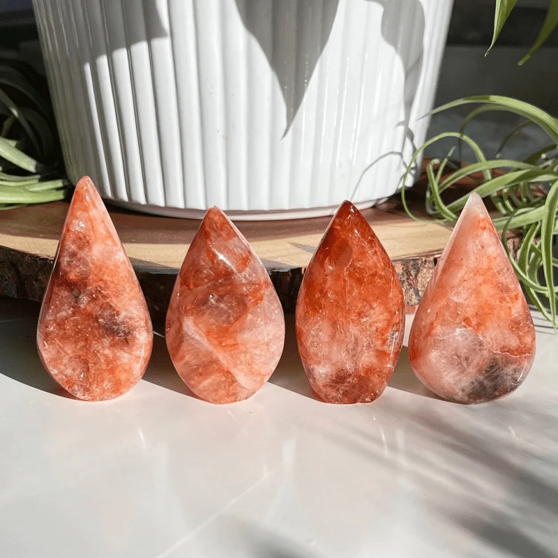 Natural Crystal Fire Quartz Water Drop Ornament, with Intricate Patterns, Unique Gift for Holiday, Healing Crystal, Home Decor