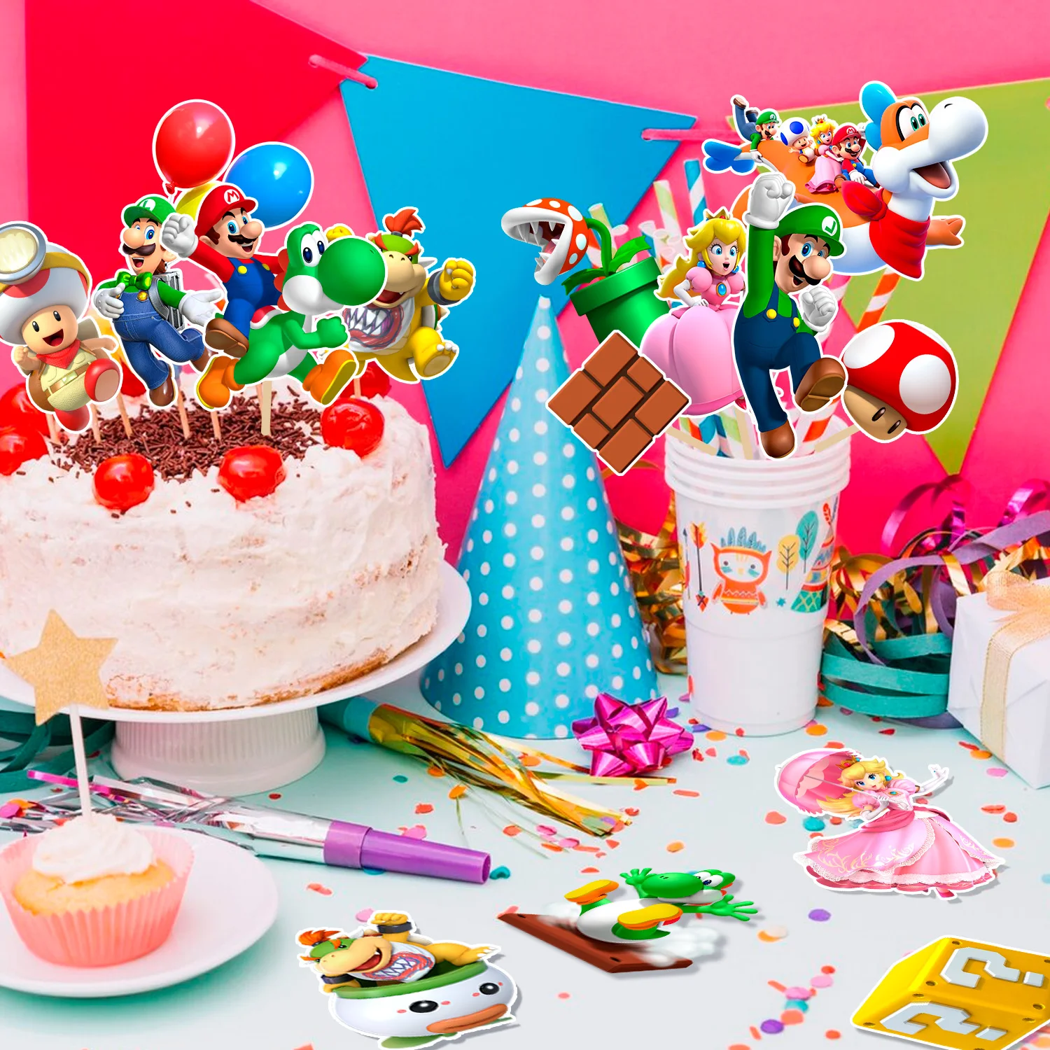 32 قطعة من زينة حفلات سوبر ماريو مع عصا كابينة تصوير لحفلات ماريو لمورد حفلات أعياد الميلاد سوبر ماريو