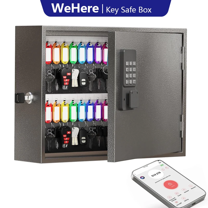 WeHere Smart Key Lock Box,Wall Mounted Key Cabinet with 60 Key Tags,App Control,Steel Key Safe for Office Home Business
