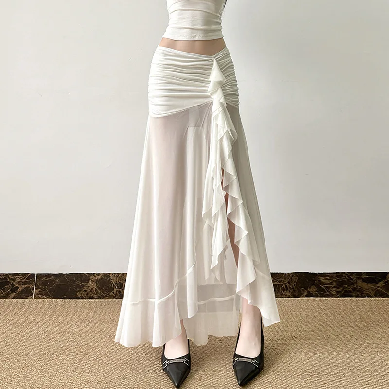 

Autumn new women's solid color slim fit street fashion high waist slit mesh skirt