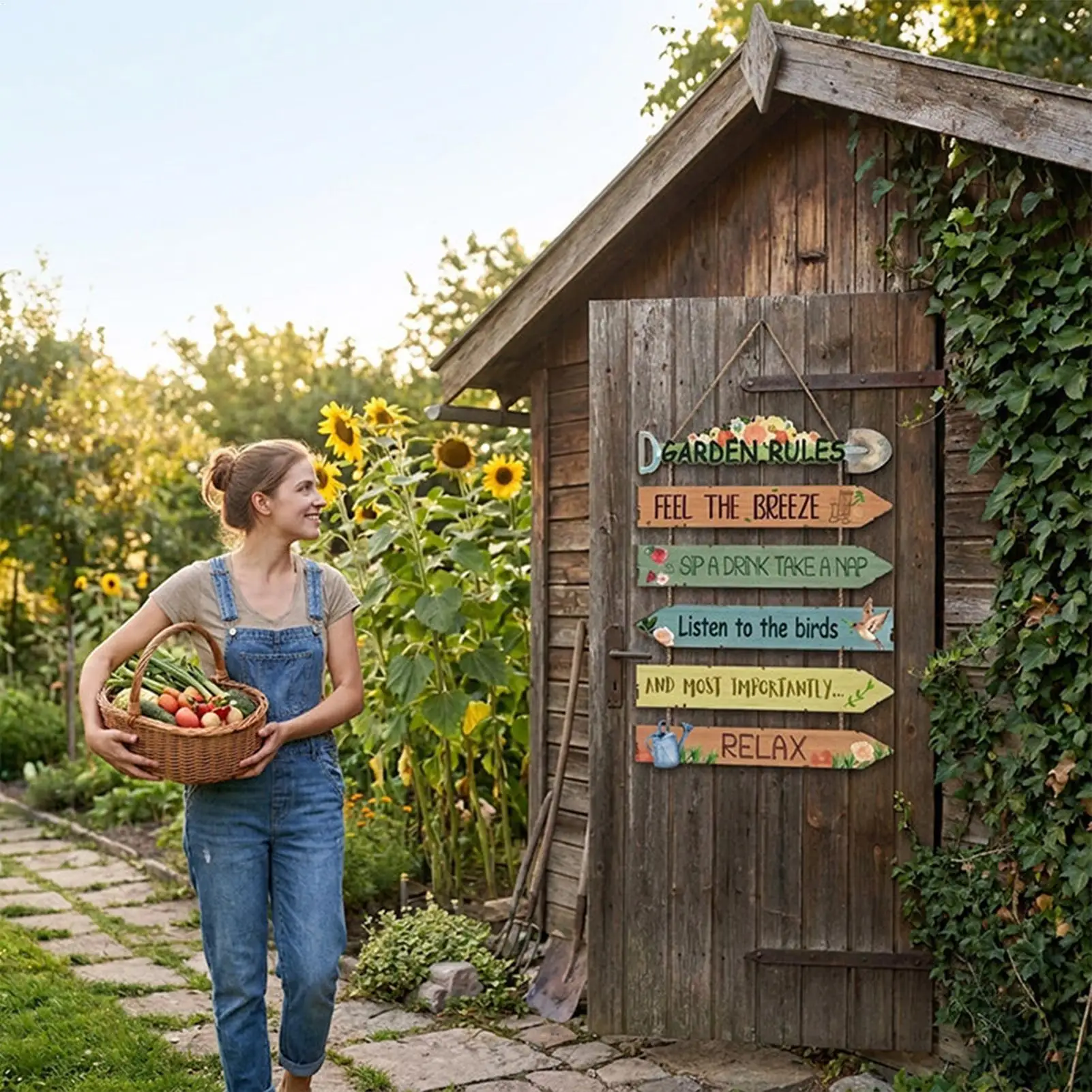 Garden Rules Hanging Sign Wooden Welcome Door Sign Outdoor Yard Art Decor For Outdoor Porch Yard Shed Lawn Door Gardening