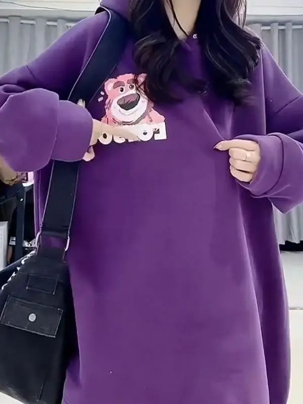 Plus Size 300 Pou Cartoon Stberry Bear Fronte e stampa Ba Felpa lunga da donna con cappuccio Sve Fce Trendy Fat MM