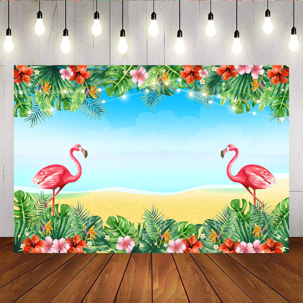 

Flamingo Summer Beach and Plam Leaves Background Tropica Hawaii Sea 1st First Birthday Baby Shower Party Decor Backdrop Banner