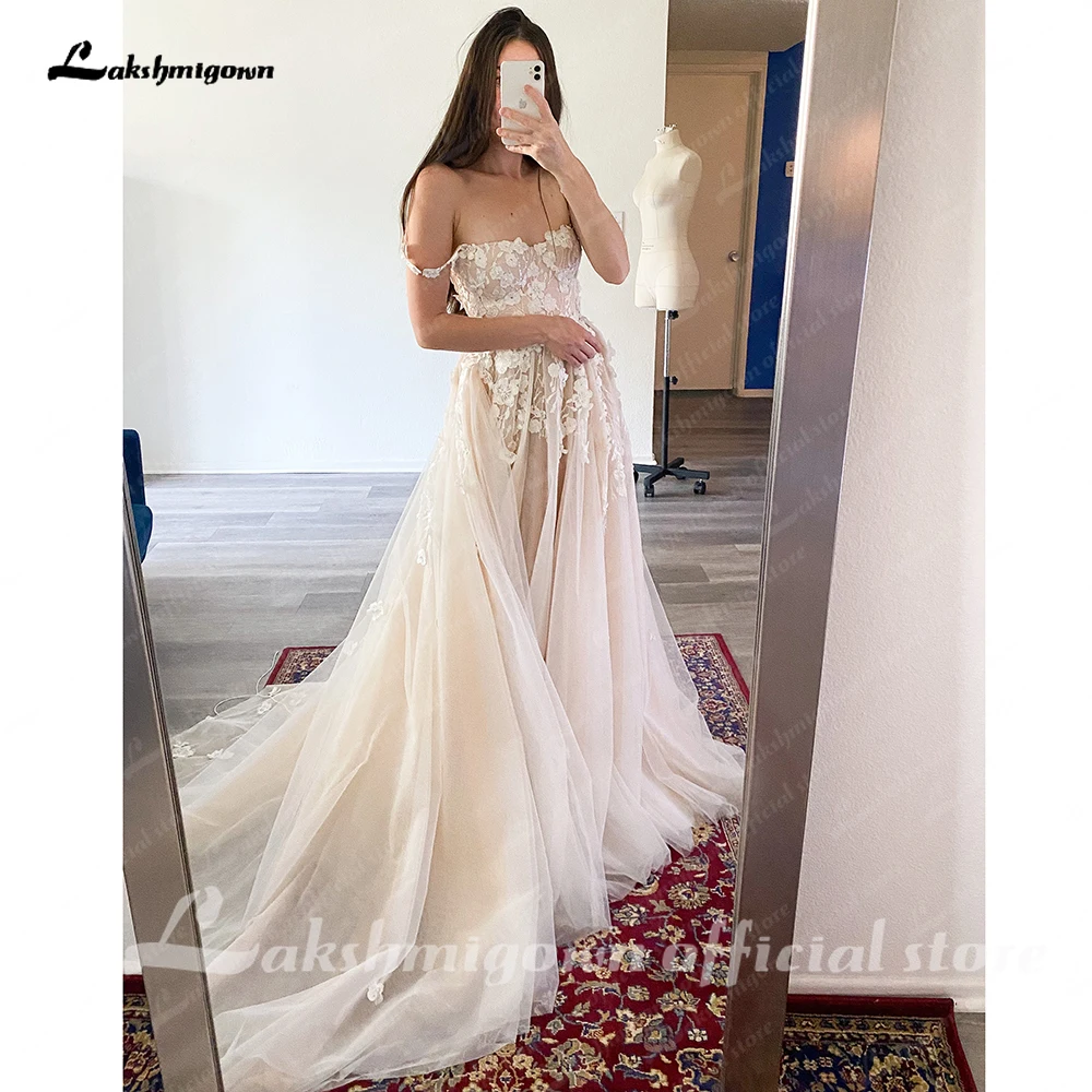 Lakshmigown Hellchampagnerfarbene Hochzeitskleider mit 3D-Blumen, Spaghettiträgern, A-Linie Hochzeitskleid, Strand-Hochzeitskleider nach Maß – Detail 8