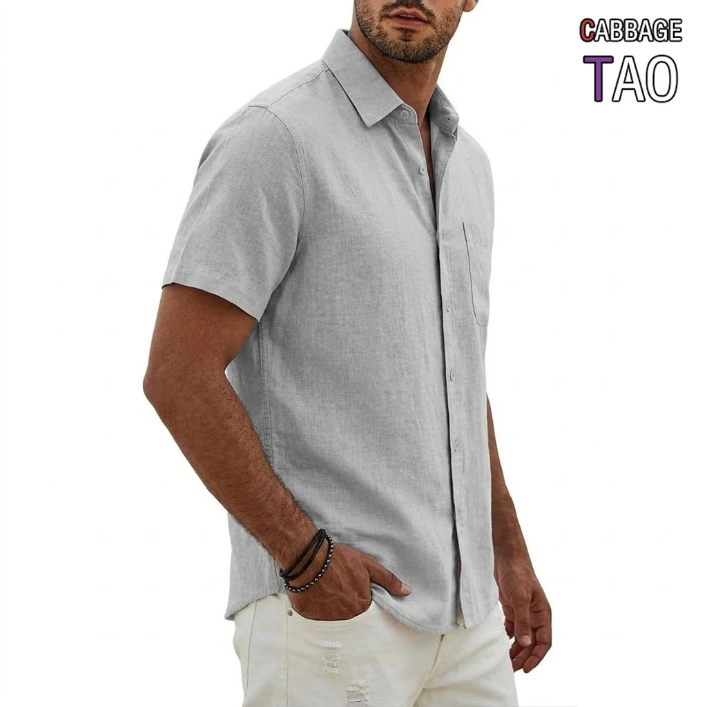 Mens Summer Premium Short Sleeve Tees Elegant Business and Casual Work Shirts Hawaiian Inspired Cotton Linen Tops for Modern Men