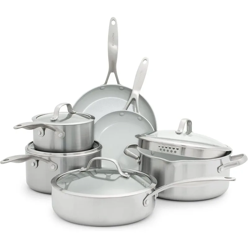 Venice Pro Tri-Ply Stainless Steel Healthy Ceramic Nonstick 10 Piece Cookware Pots and Pans Set, PFAS-Free, Multi Clad