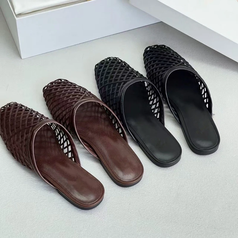 

Dave&di French Minimalist Women's Shoes Retro Style Cowhide Woven Hollow Toe Sandals Flat Bottomed Mules Slippers Shoes Woman