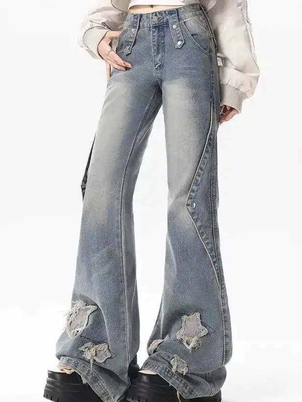 2024 Fashion Bell Bottoms Jeans Embroidery Star Blue Denim Pants Women New Design High Waist Slim Streetwear Vintage Kpop