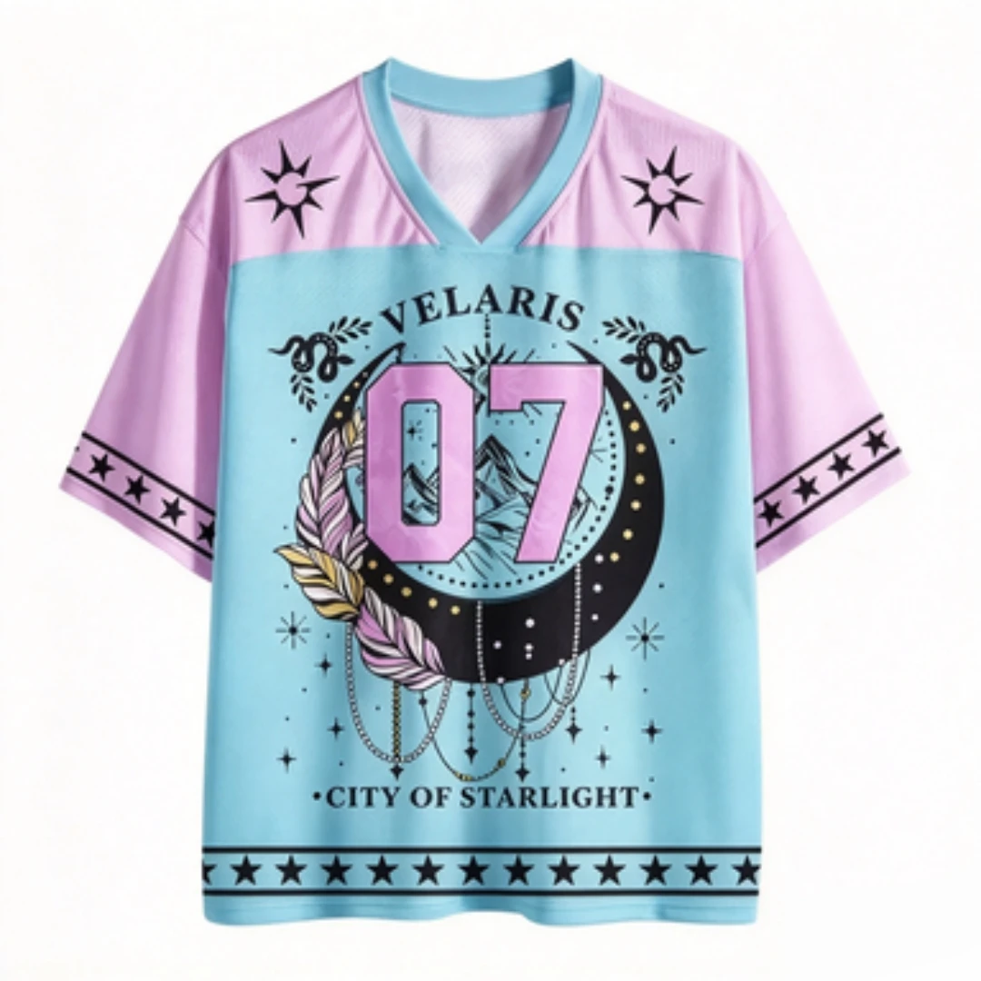 Starlight City No.07 Star Moon Feather Pattern V-neck Moon Serpentine Mystery Fantasy Style Casual Loose Street Style T-shirt
