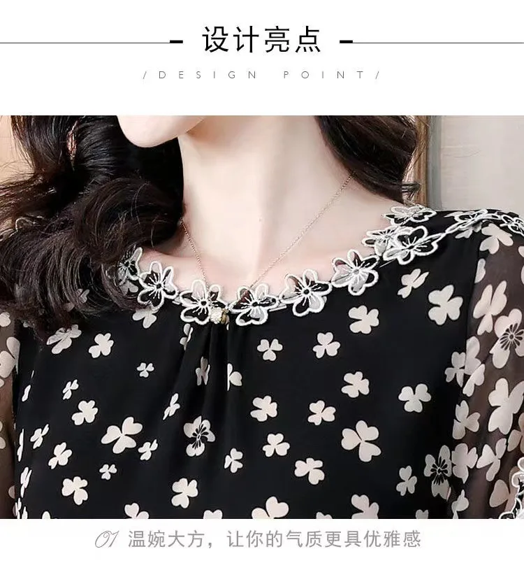 2024 Korean Fashion Summer Women's Round Neck Printing Bow Bright Line Decoration Elegant Short Sleeve Loose Chiffon Shirt Tops