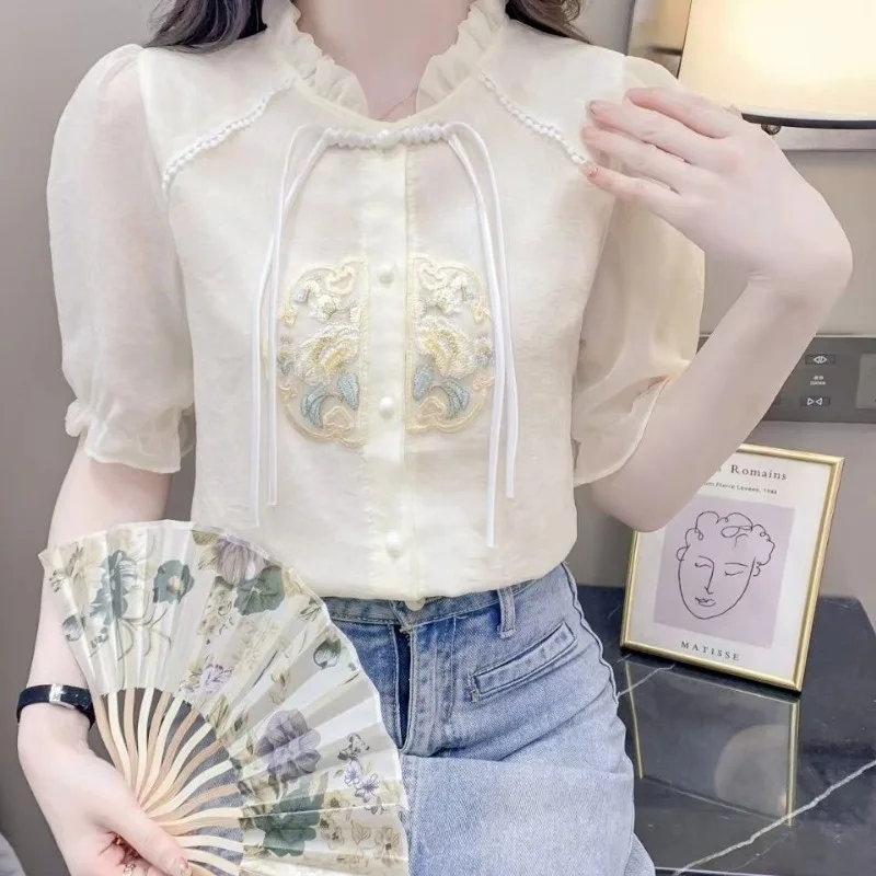 Nationalen Stil Bestickt Kurzarm Shirt frauen Sommer Neue Mode Elegante Slim Fit Neue Chinesischen Stil Top