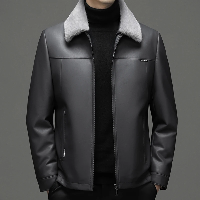 ZDT-8013 Winter New High Quality Men\'s Genuine Leather Down Coat With Detached Ferret Plush Collar Casual White Duck Down Coat