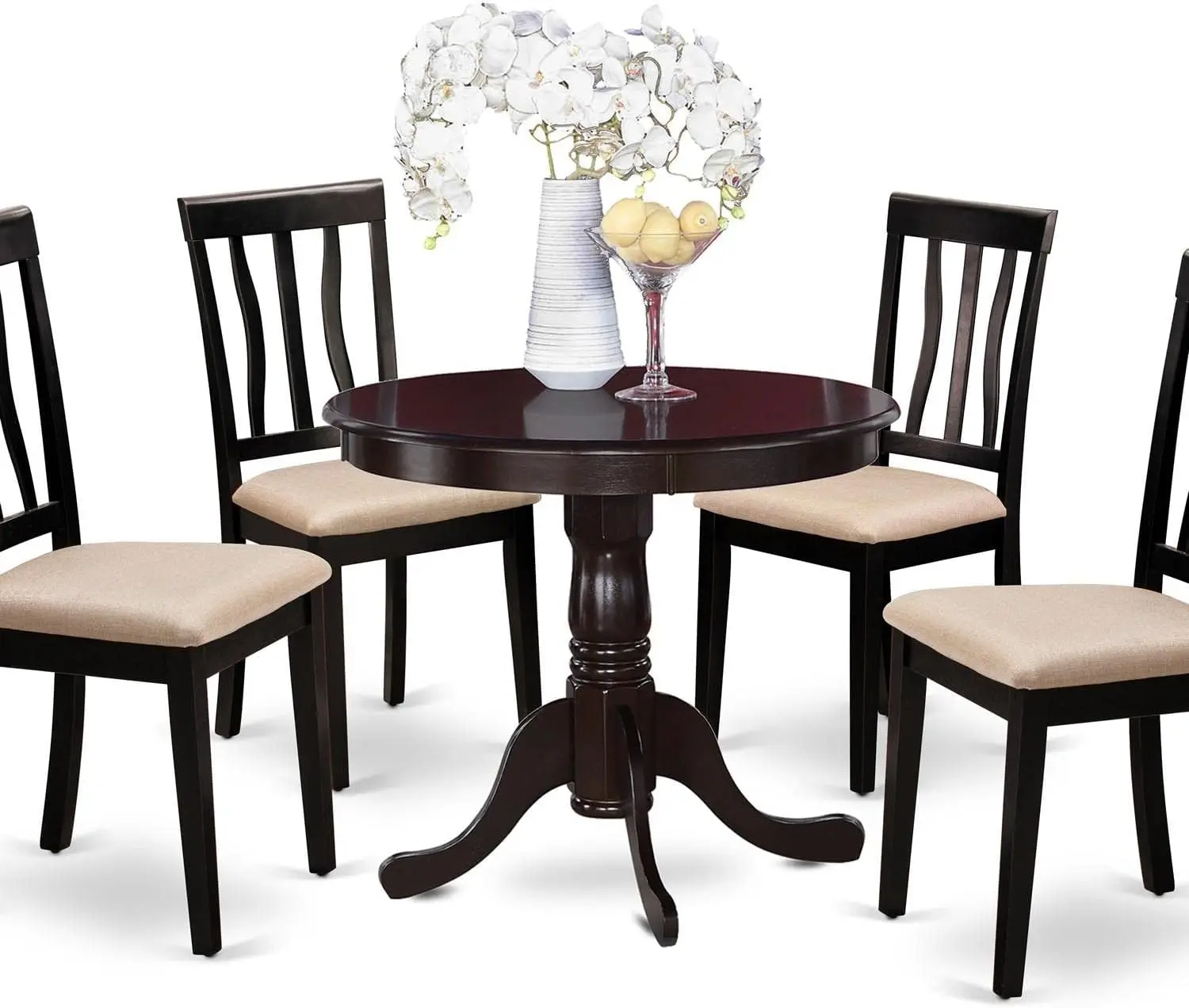 

Furniture Antique 5 Piece Kitchen Set Includes a Round Room Table with Pedestal and 4 Linen Fabric Upholstered Dining Chairs