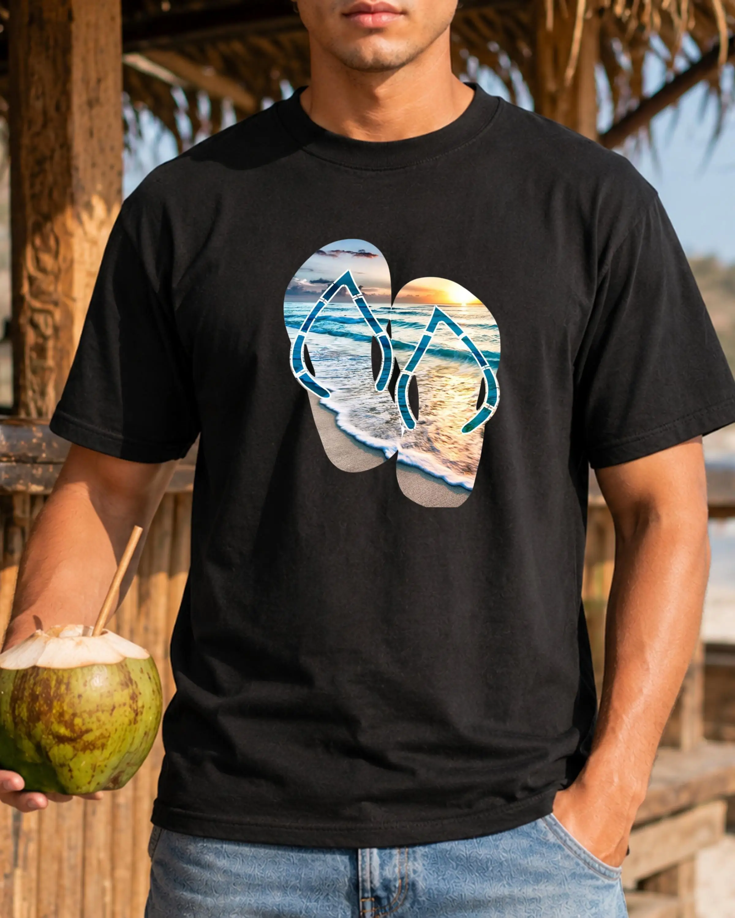 2026 Summer Vacation Style, Casual and Fashionable Beach-themed Flip Flops and T-shirt - Sunset Wave Summer Pattern T-shirt