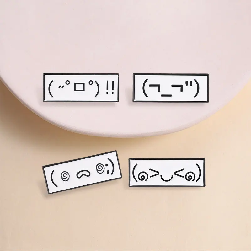 Japanese Kaomoji Four Mood Enamel Pin, Minimalist Black White ASCII Emoticon Brooch for Anime Lovers and Minimalist Outfit Style