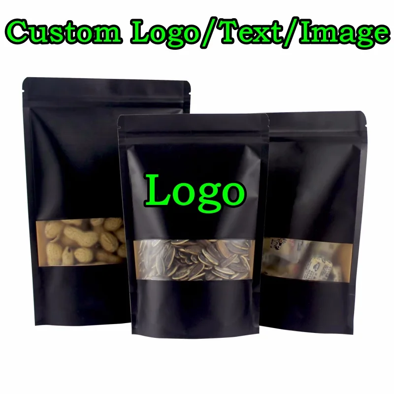 100 Bolsas de Papel Negro Mate con Cierre Ziplock y Ventana, para Logotipo Personalizado, para Guardar Snacks, Azúcar, Café, Té, Frutos Secos, Dulces, Nueces, Regalos
