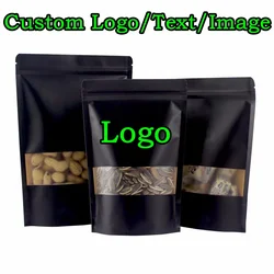 100PCS Stand-up Matte Black Paper Window Ziplock Bag DIY Logo Snack Sugar Coffee Tea Dried Fruit Candy Nuts Gift Storage Pouches